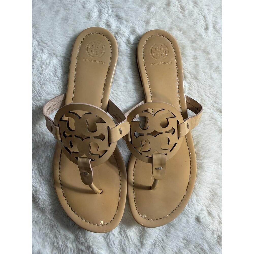 Tory Burch Miller Patent Leather Sandals In Sand Nude Tan Color Sz 9.5M